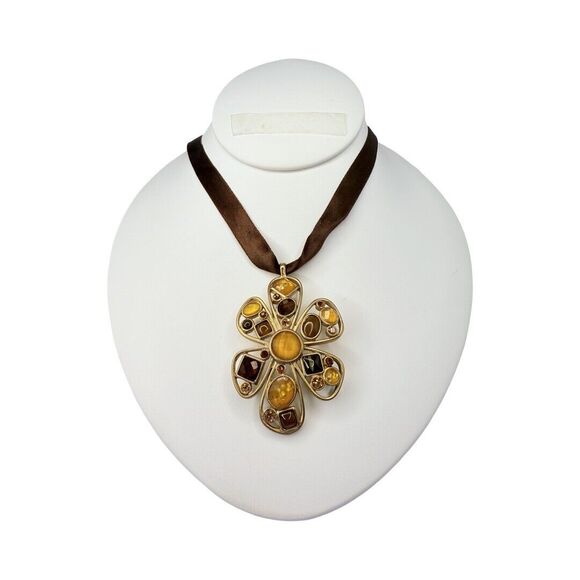 Yellow Austrian Crystal Large Flower Pendant Satin Necklace 22” Cottagecore - Picture 4 of 9